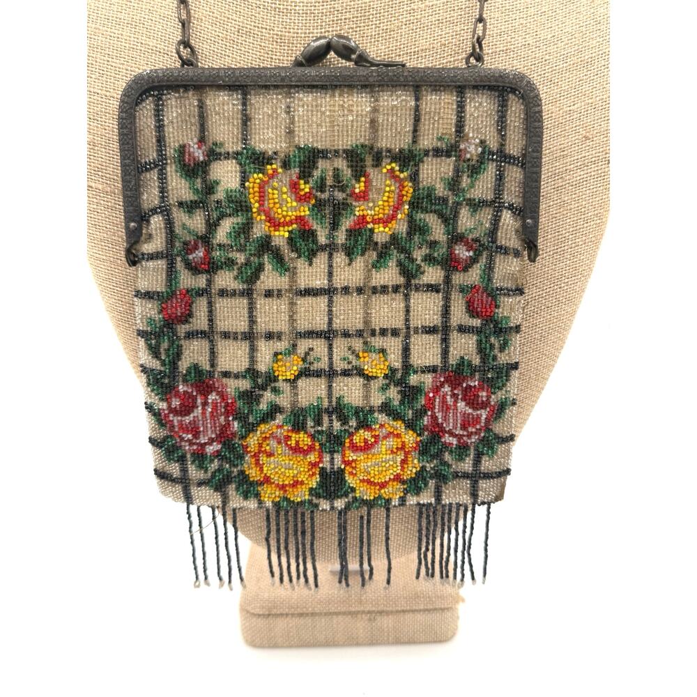 Vintage Beaded Purse Yellow & Pink Roses Plaid Glitter Toned 1930's Retro